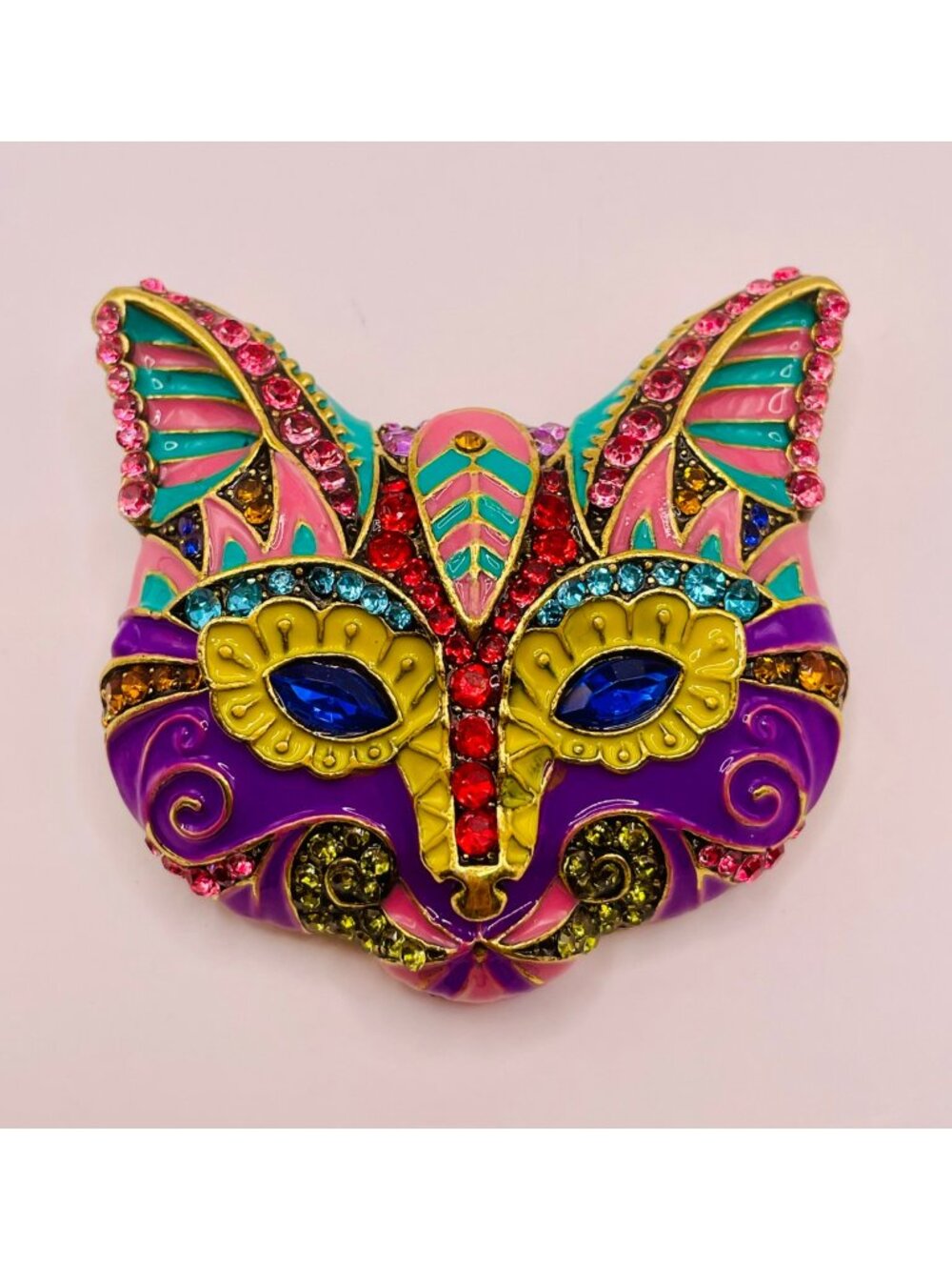 Colorful Cat Face Brooch Pin Rhinestone Accents Multicolor Enamel Finish -102B